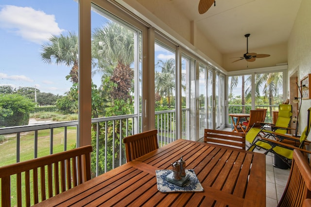 sunroom / solarium featuring a ceiling fan