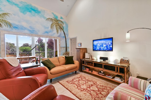 living room featuring high vaulted ceiling and light tile patterned floors