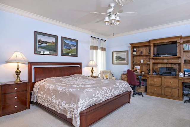 bedroom featuring light carpet and ornamental molding