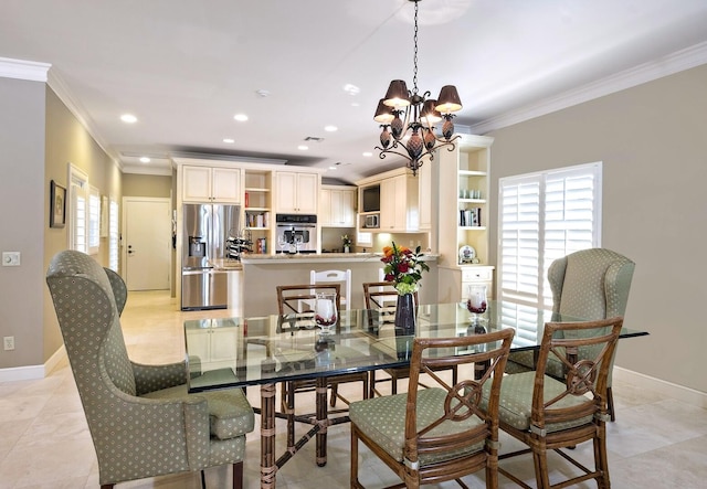 dining room featuring baseboards, recessed lighting, a wealth of natural light, and crown molding