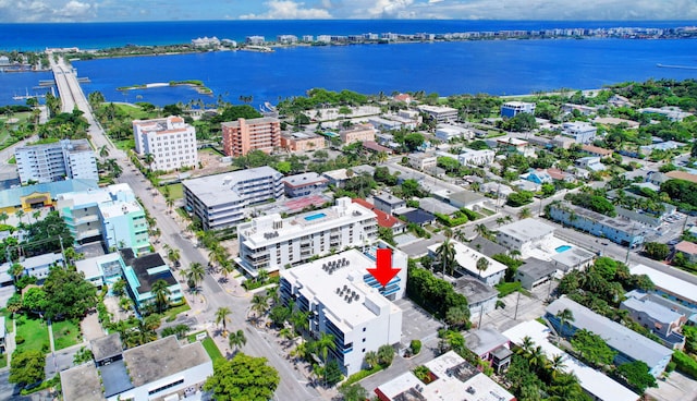 aerial view featuring a water view