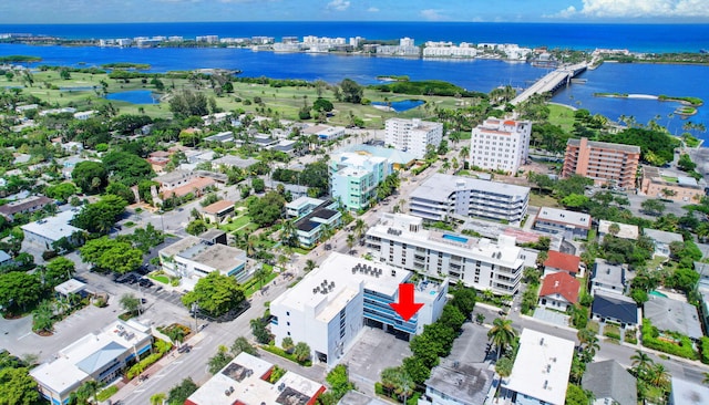 drone / aerial view featuring a water view