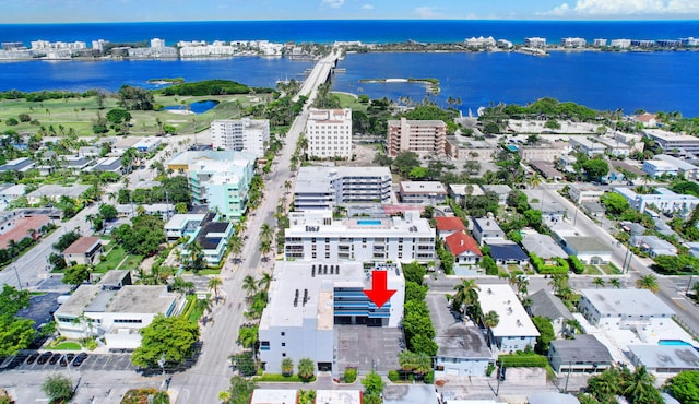 bird's eye view with a water view