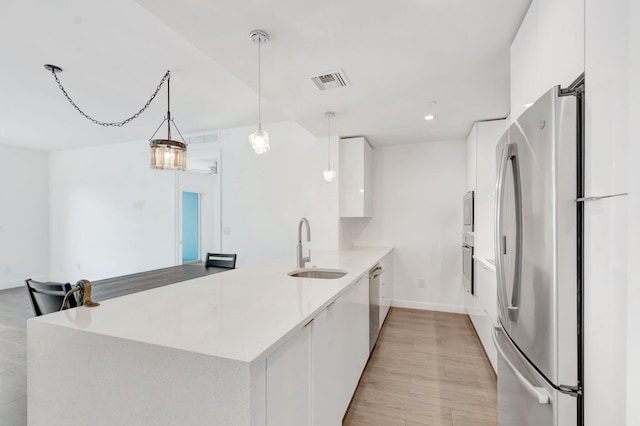 kitchen with visible vents, appliances with stainless steel finishes, white cabinetry, a sink, and a peninsula