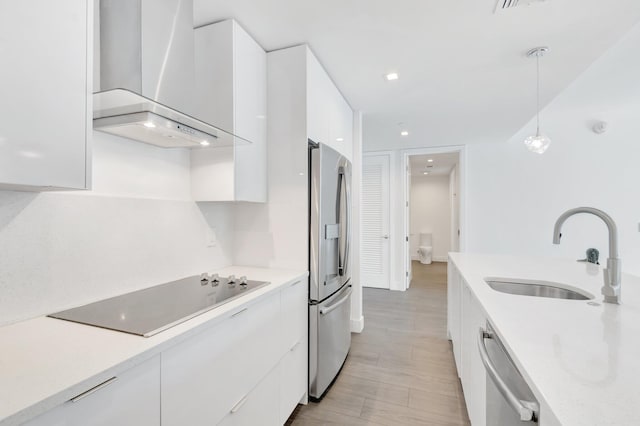 kitchen with stainless steel appliances, a sink, white cabinets, wall chimney exhaust hood, and modern cabinets