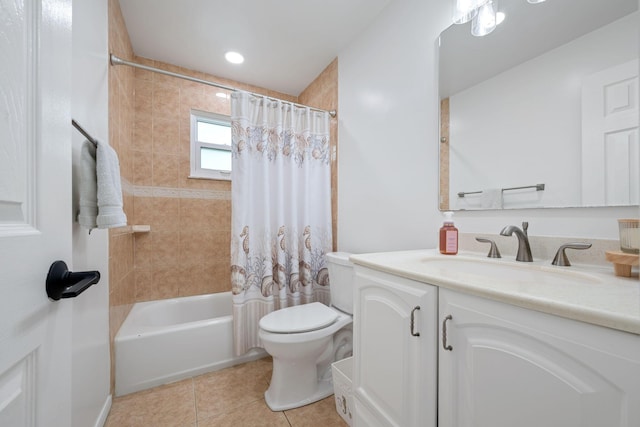 full bath with vanity, shower / bath combo, tile patterned flooring, and toilet