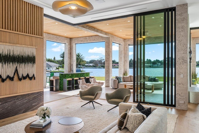 interior space with a water view