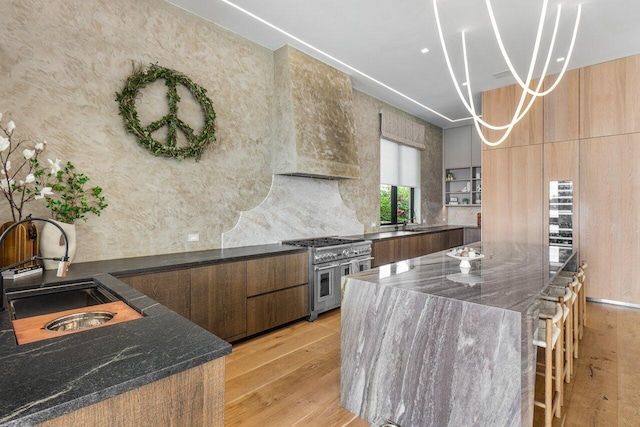 kitchen featuring light wood-type flooring, double oven range, modern cabinets, and a sink