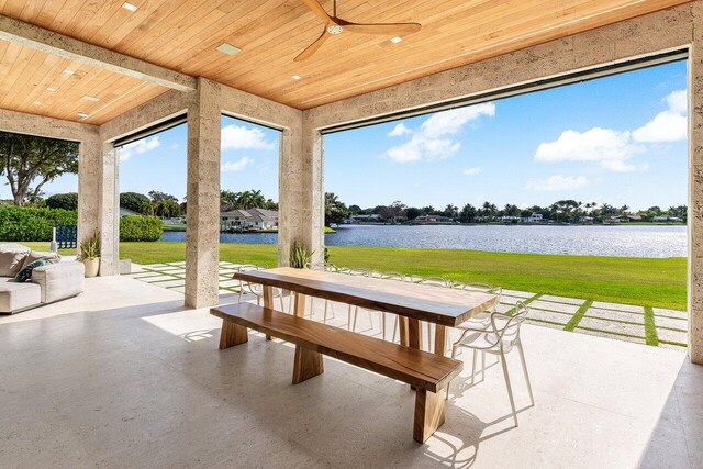 view of patio / terrace featuring ceiling fan and a water view