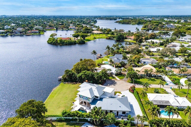 aerial view featuring a water view