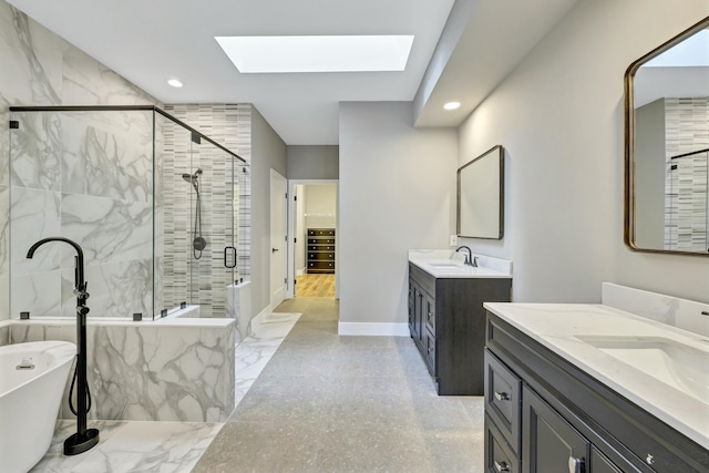 full bath with two vanities, recessed lighting, a sink, and a shower stall