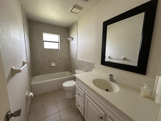 bathroom with shower / bathing tub combination, vanity, toilet, and tile patterned floors