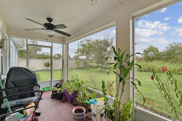 sunroom / solarium featuring plenty of natural light and ceiling fan