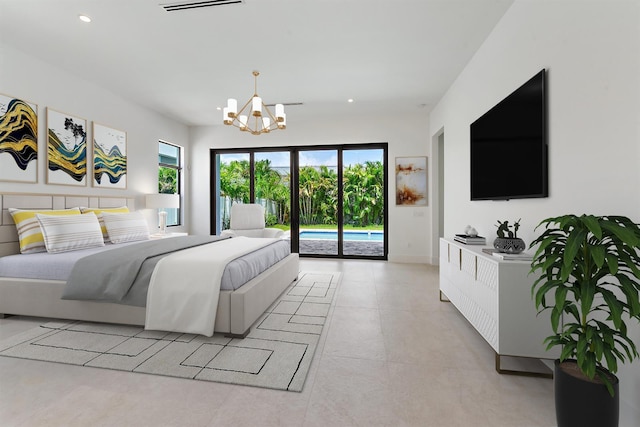 bedroom with access to outside, a notable chandelier, and recessed lighting