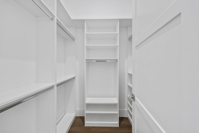 spacious closet with dark wood-style flooring