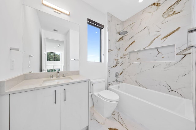 bathroom with bathtub / shower combination, vanity, marble finish floor, and toilet