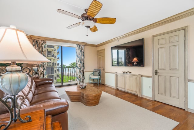 100 Beach Rd Unit 301, Tequesta, FL 33469 - living room with crown molding, wood finished floors, and ceiling fan