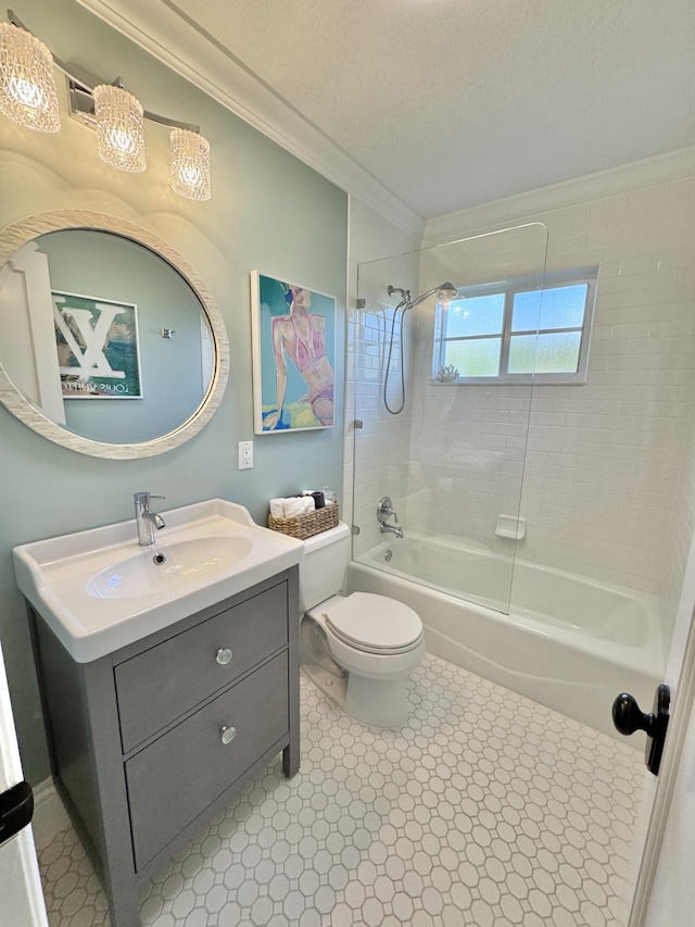 bathroom with toilet, a textured ceiling, shower / bathing tub combination, crown molding, and vanity