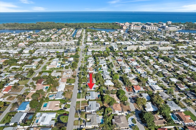 bird's eye view with a water view