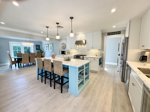 kitchen featuring under cabinet range hood, backsplash, appliances with stainless steel finishes, and light wood finished floors