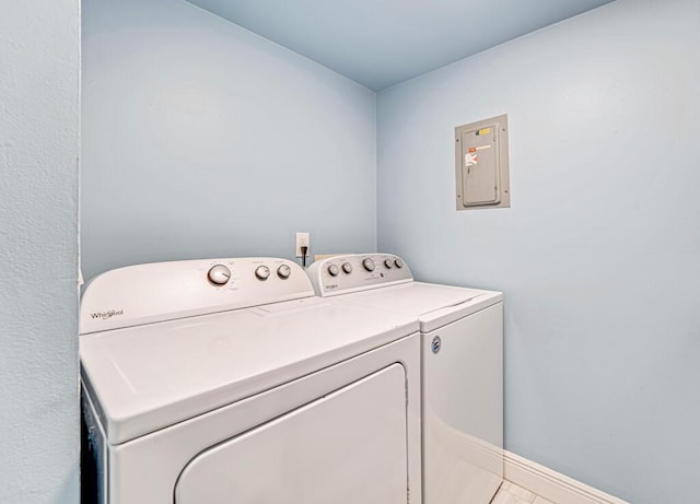 laundry area with laundry area, electric panel, baseboards, and washing machine and clothes dryer