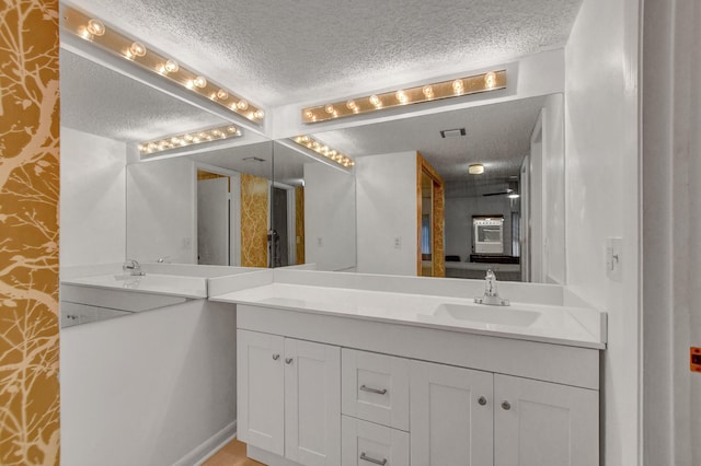 full bathroom featuring double vanity, a textured ceiling, and a sink