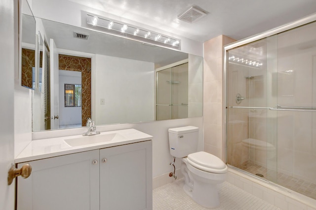 full bathroom with tile patterned flooring, a shower stall, toilet, and visible vents