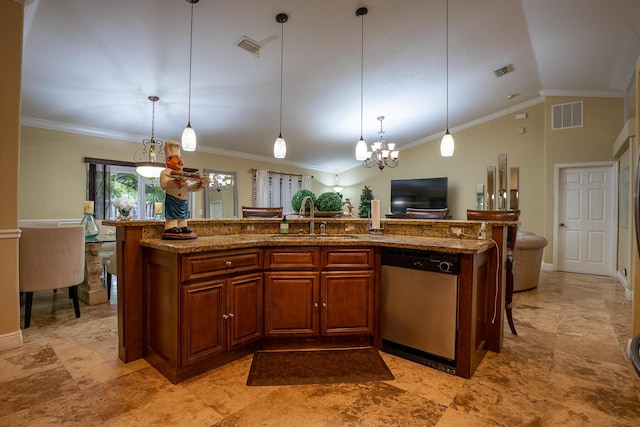 kitchen featuring a center island with sink, visible vents, dishwasher, and a sink