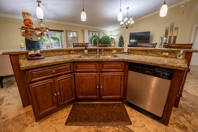 kitchen with a sink, dishwasher, an island with sink, decorative light fixtures, and an inviting chandelier