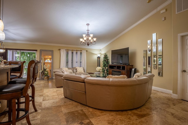 living room with lofted ceiling, a notable chandelier, visible vents, baseboards, and crown molding