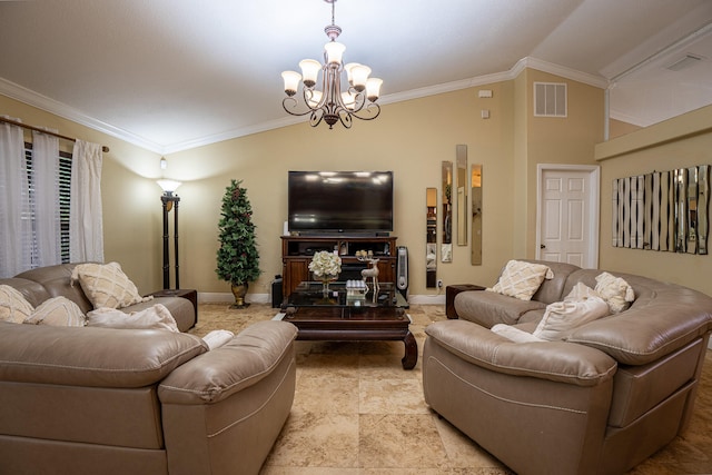 living area featuring visible vents, ornamental molding, vaulted ceiling, a chandelier, and baseboards