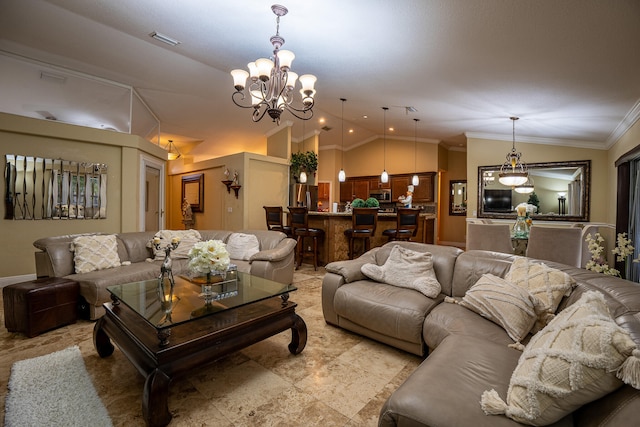 living room with lofted ceiling, ornamental molding, visible vents, and a notable chandelier