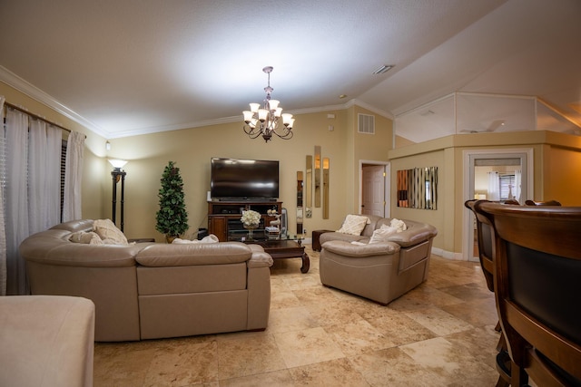 living area with a chandelier, visible vents, baseboards, vaulted ceiling, and crown molding