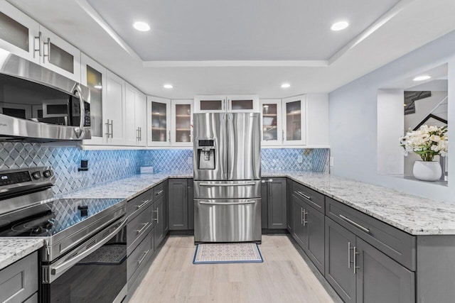 kitchen featuring white cabinets, glass insert cabinets, stainless steel appliances, and a tray ceiling