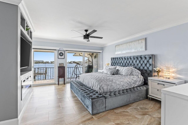 bedroom with access to outside, a ceiling fan, and crown molding