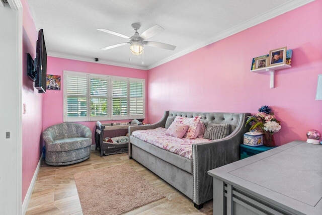 bedroom featuring crown molding, baseboards, and ceiling fan