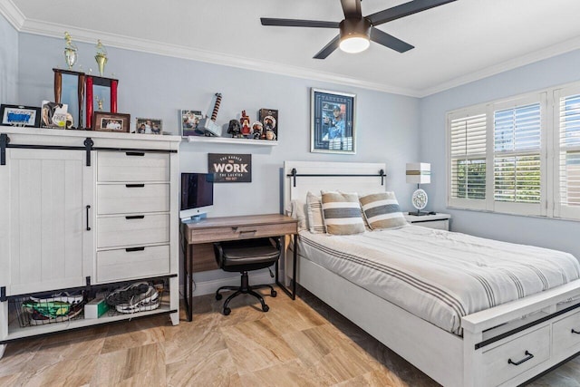 bedroom with ceiling fan and crown molding