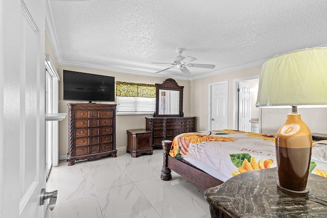 bedroom featuring a textured ceiling, a ceiling fan, baseboards, marble finish floor, and crown molding