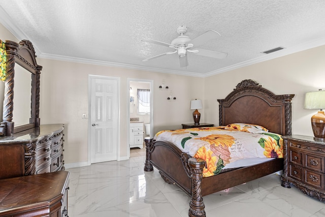 bedroom with ornamental molding, marble finish floor, and a textured ceiling