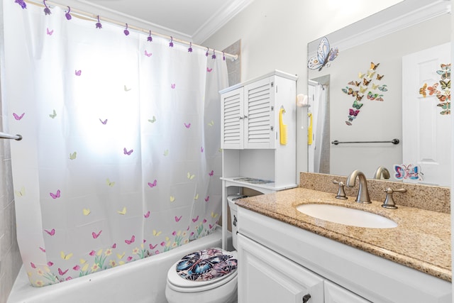 full bath with toilet, ornamental molding, shower / tub combo with curtain, and vanity