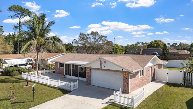 single story home featuring driveway, fence private yard, and a front lawn