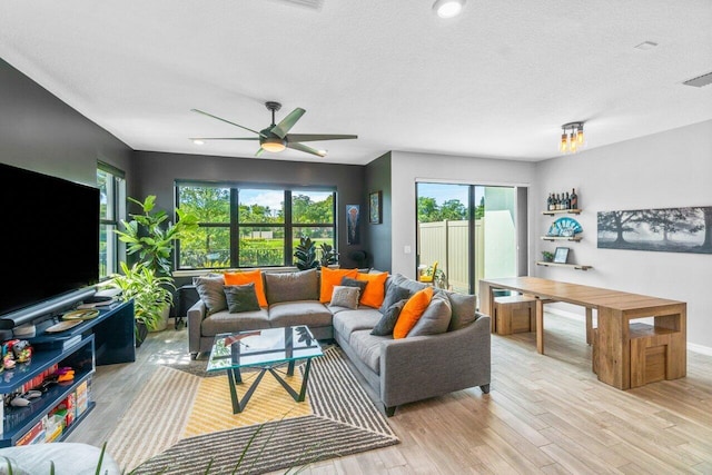 living room featuring a wealth of natural light, light wood-type flooring, ceiling fan, and a textured ceiling