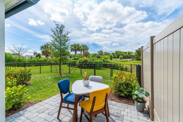 view of patio / terrace featuring a fenced backyard and outdoor dining space