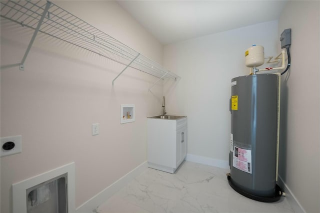 clothes washing area with electric dryer hookup, marble finish floor, washer hookup, electric water heater, and laundry area