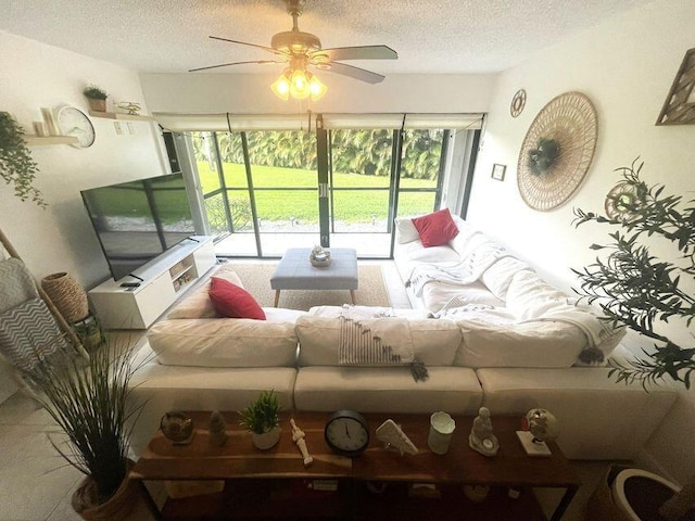 living area with a textured ceiling and a ceiling fan