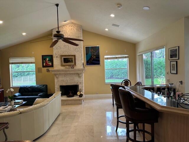 3271 Harrington Dr, Boca Raton, FL 33496 - living area featuring lofted ceiling, a ceiling fan, healthy amount of natural light, a large fireplace, and recessed lighting