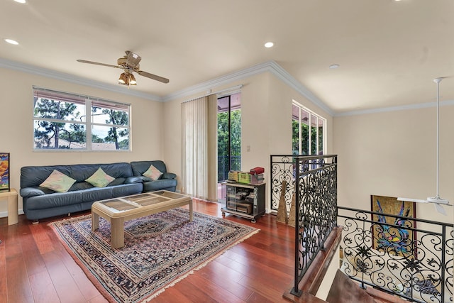 3271 Harrington Dr, Boca Raton, FL 33496 - living area featuring ceiling fan, hardwood / wood-style flooring, crown molding, and recessed lighting