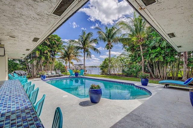 view of pool featuring a patio, a fenced backyard, and a fenced in pool