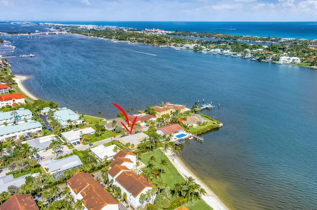 aerial view with a water view and a residential view