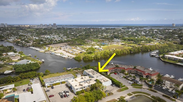 aerial view featuring a water view